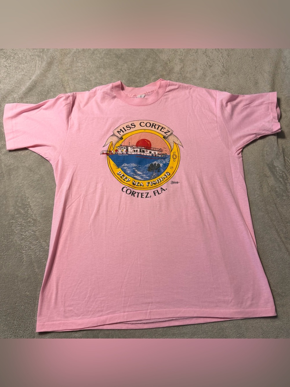 Vintage 1989 Miss Cortez Deep Sea Fishing Florida Bradenton T Shirt Pink Size XL
